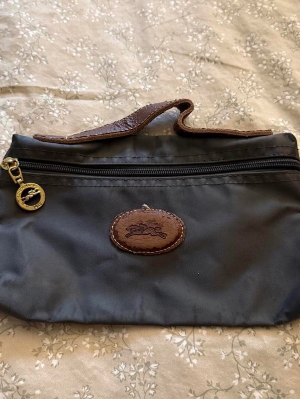 Longchamp stone blue & brown leather pencil case